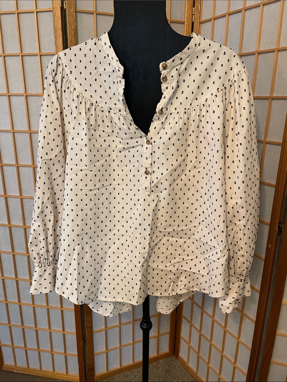 Old Navy Cream Long-Sleeve Polka Dot Cotton Peasant Blouse